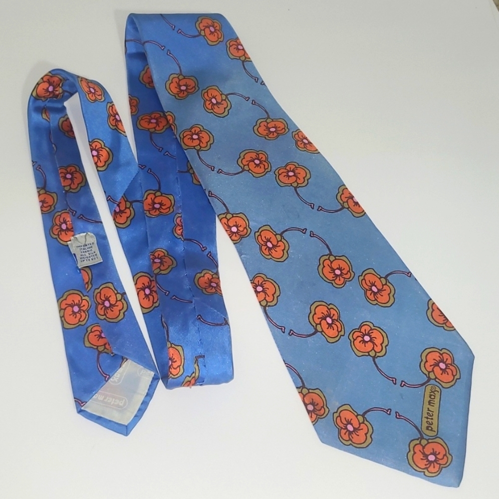 Peter Max Silk Tie Signed Pop Art Vintage Retro Blue w Orange Pink Floral Print